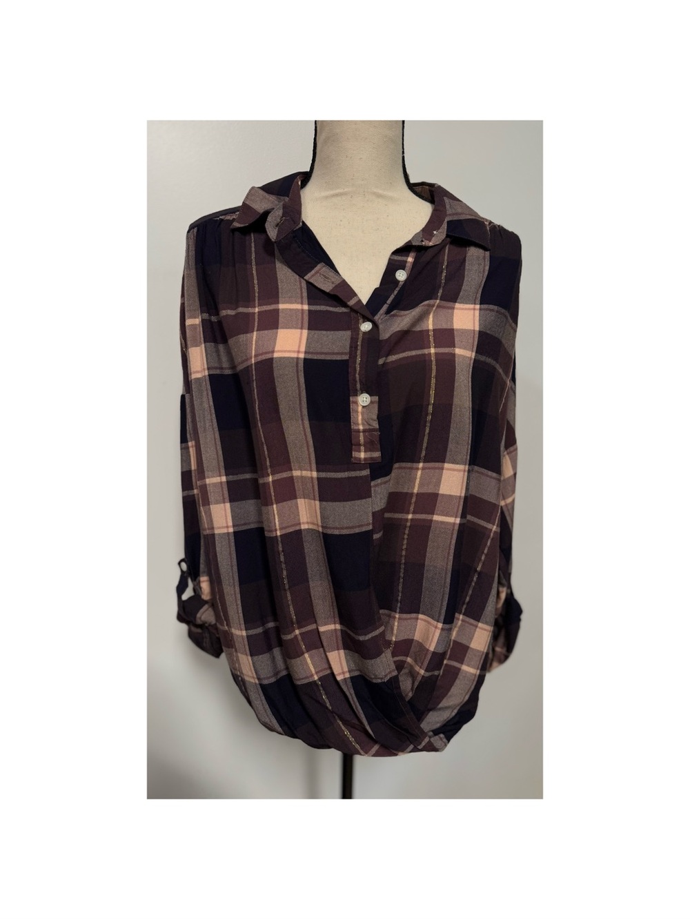 NWT Blue Rain Plaid Button-Front High-Low Top Purple Size M